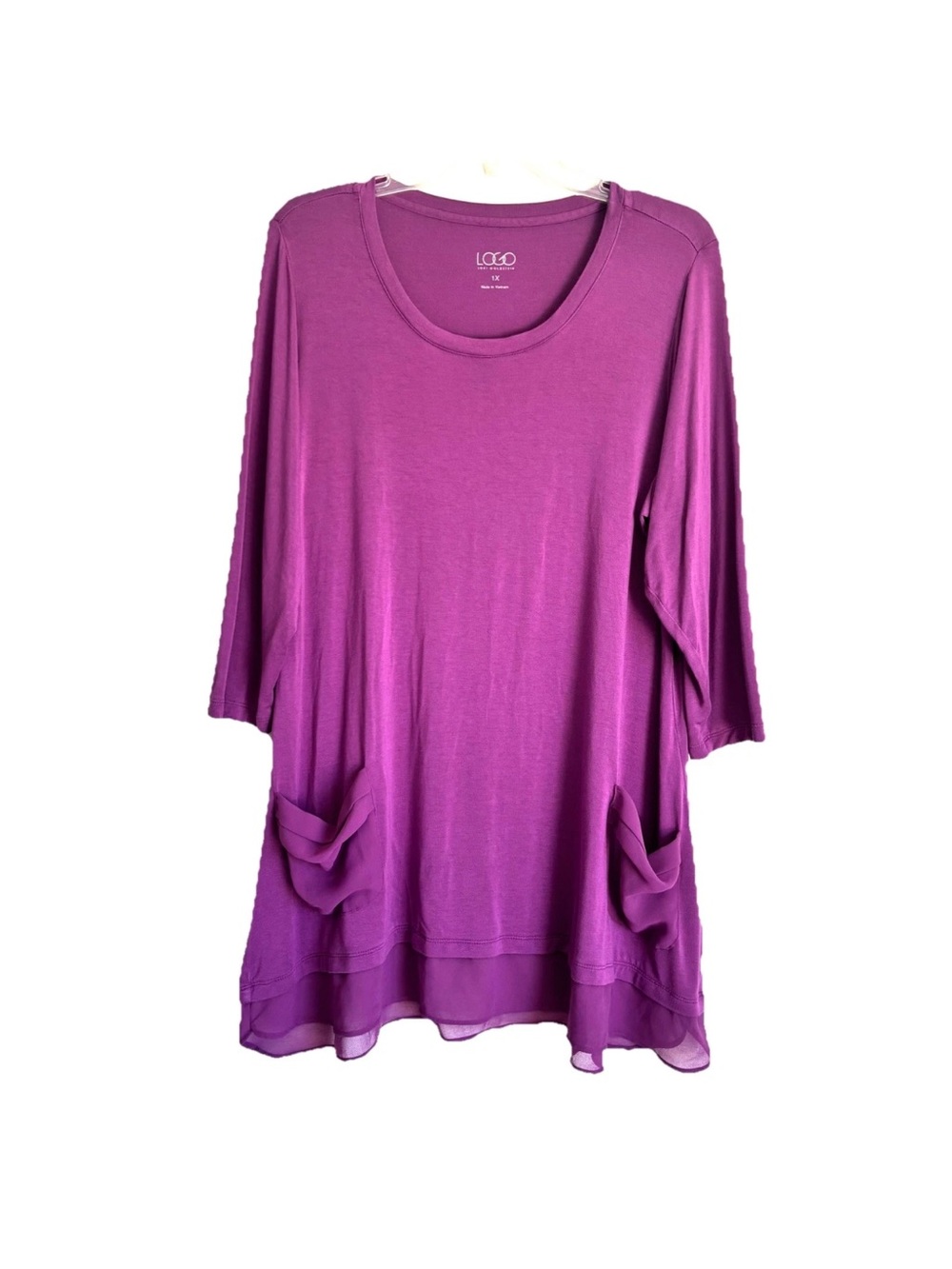 LOGO by Lori Goldstein Tunic Top Plus Size 1X 3/4 Sleeve Sheer Hem Lagenlook
